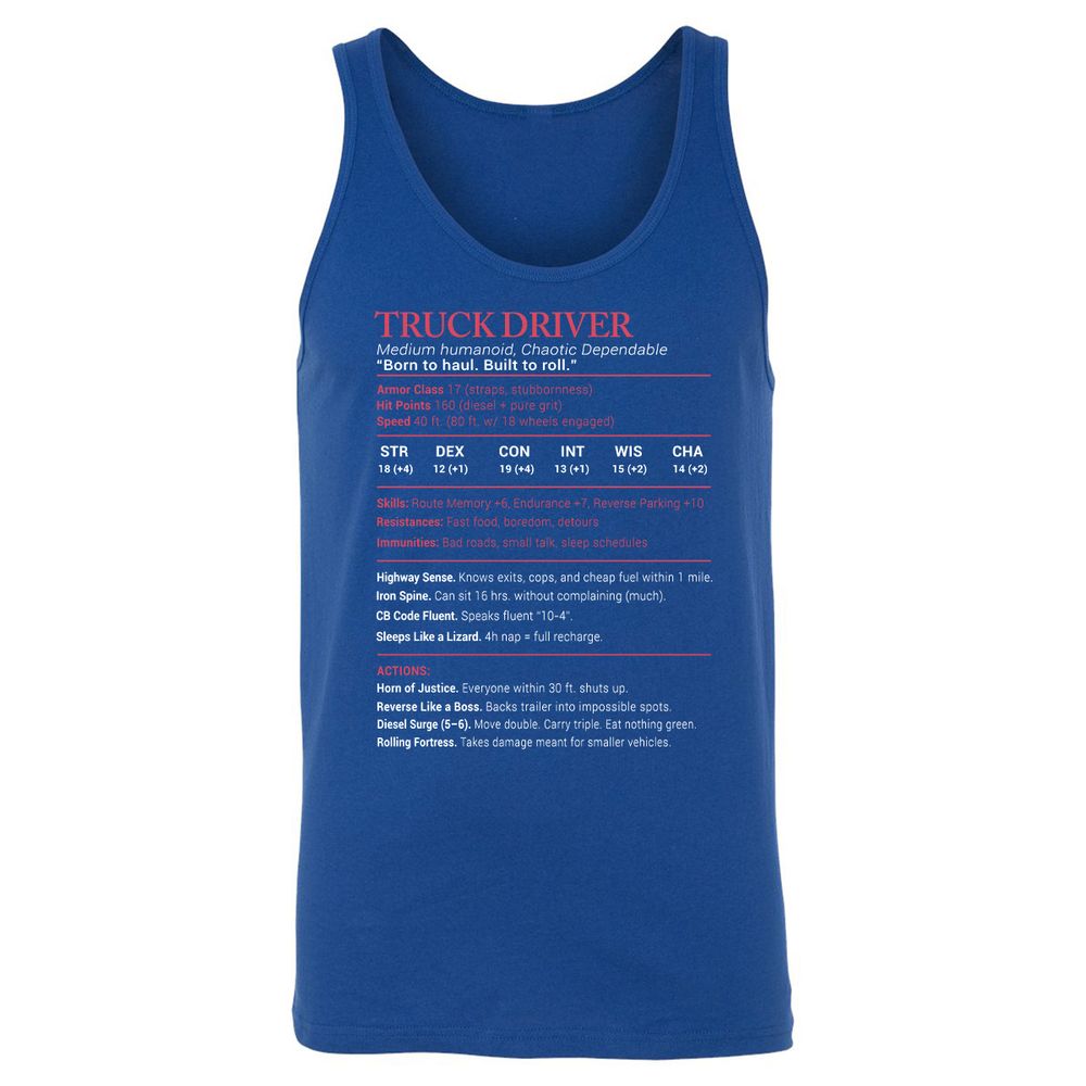 Truck Driver Stats Unisex Jersey Tank - True Royal - 13
