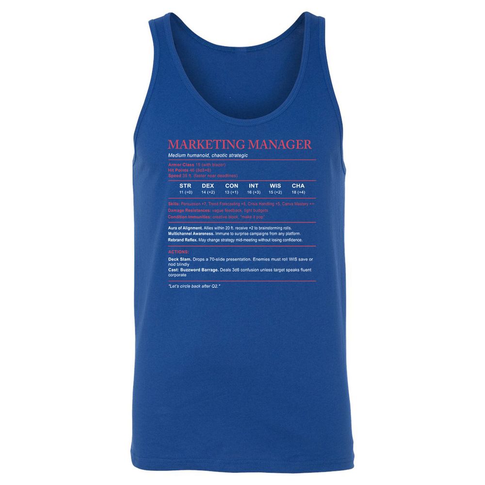Marketing Manager Stats Unisex Jersey Tank - True Royal - 13