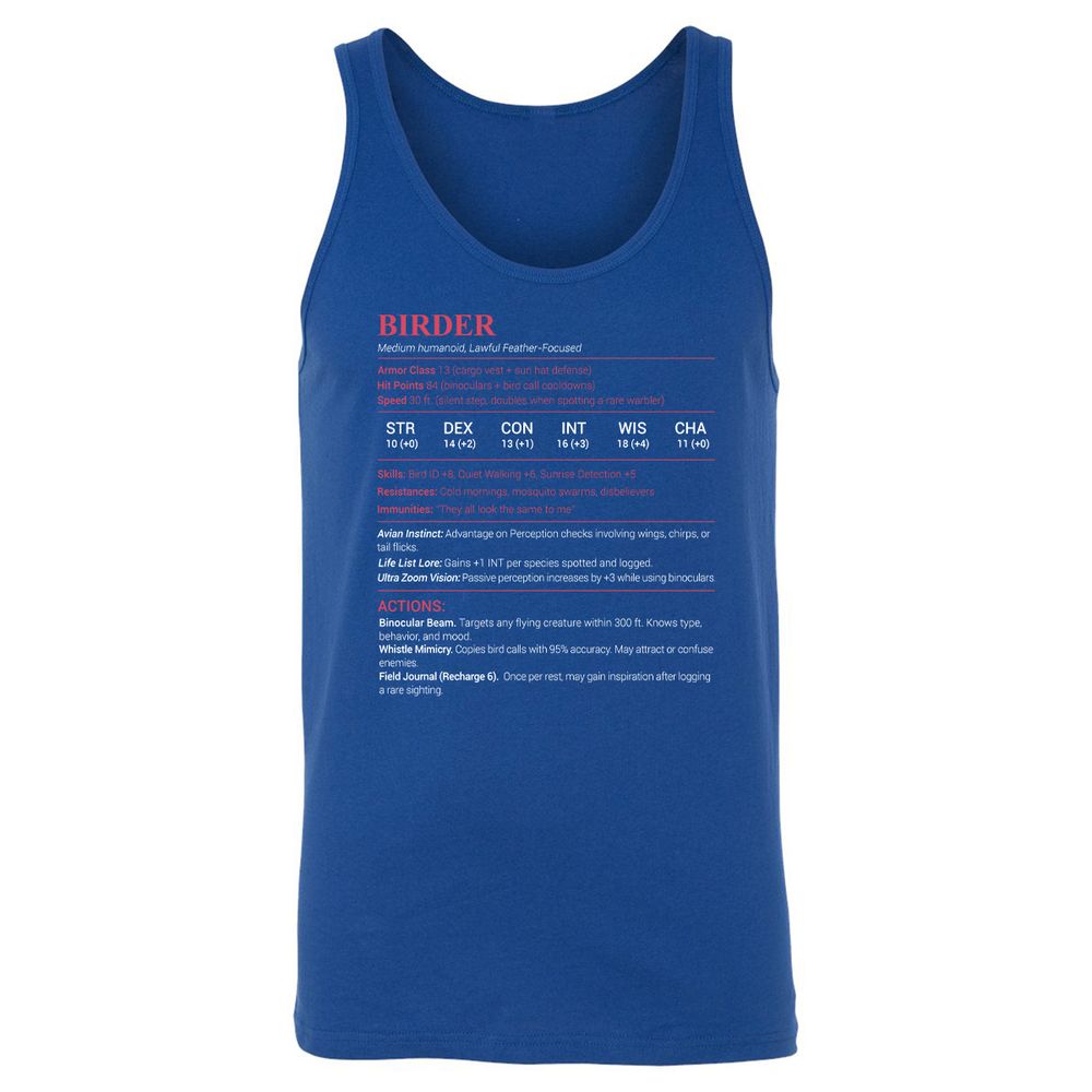 Birder Stats Unisex Jersey Tank - True Royal - 13
