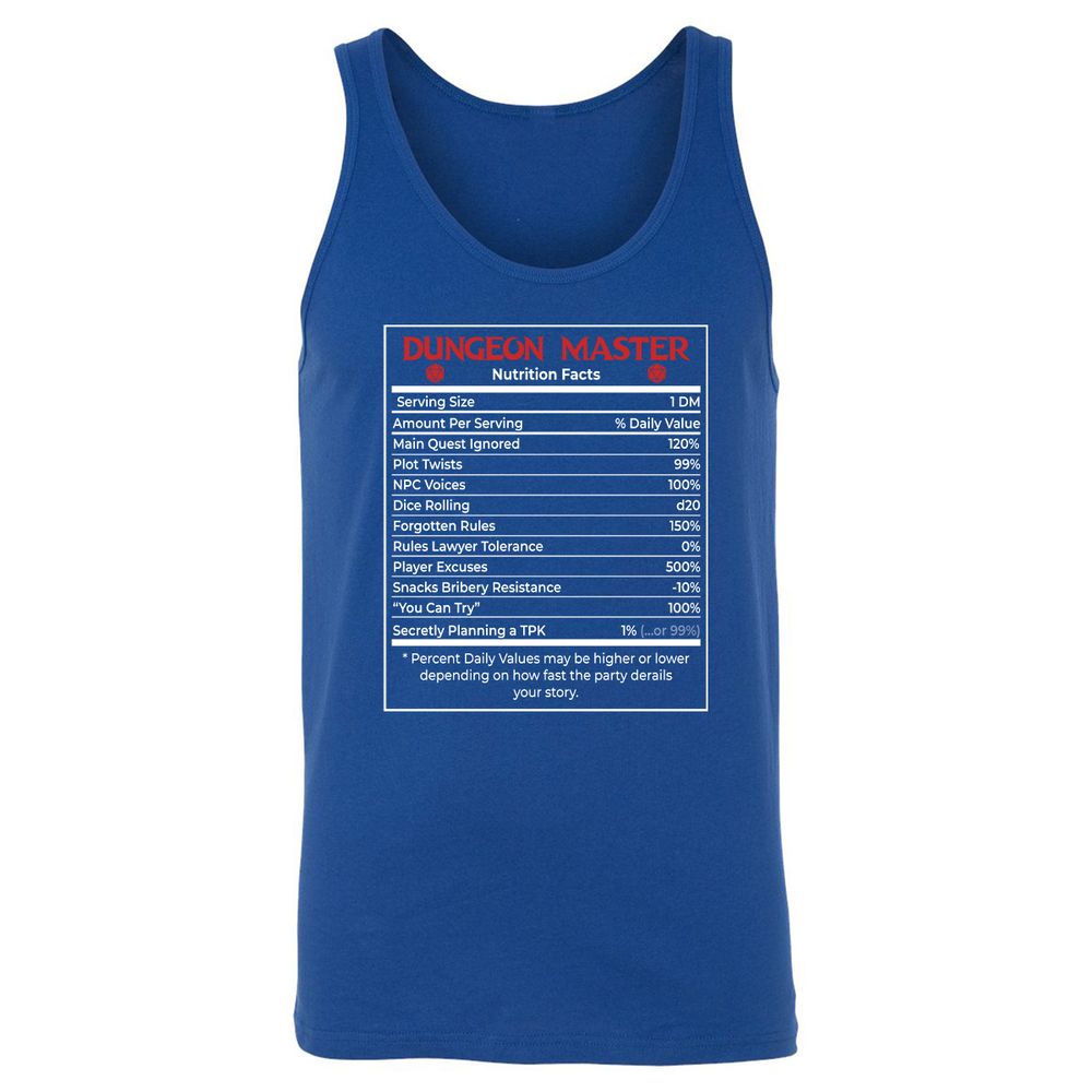 Dungeon Master Nutrition Facts Unisex Jersey Tank - True Royal - 13