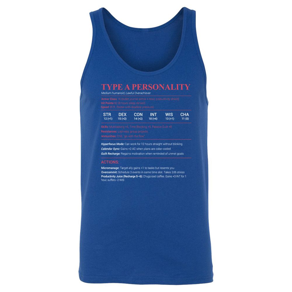 Type A Stats Unisex Jersey Tank - True Royal - 13