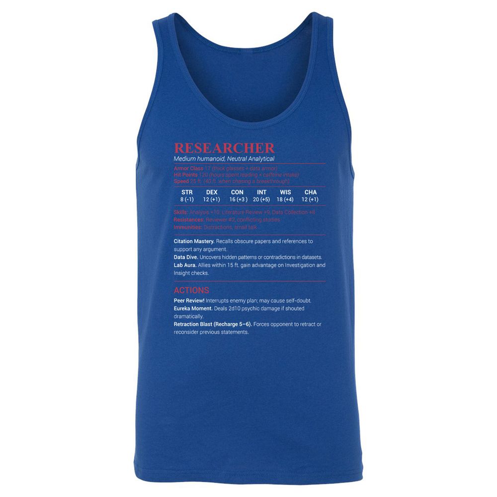 Researcher Stats Unisex Jersey Tank - True Royal - 13