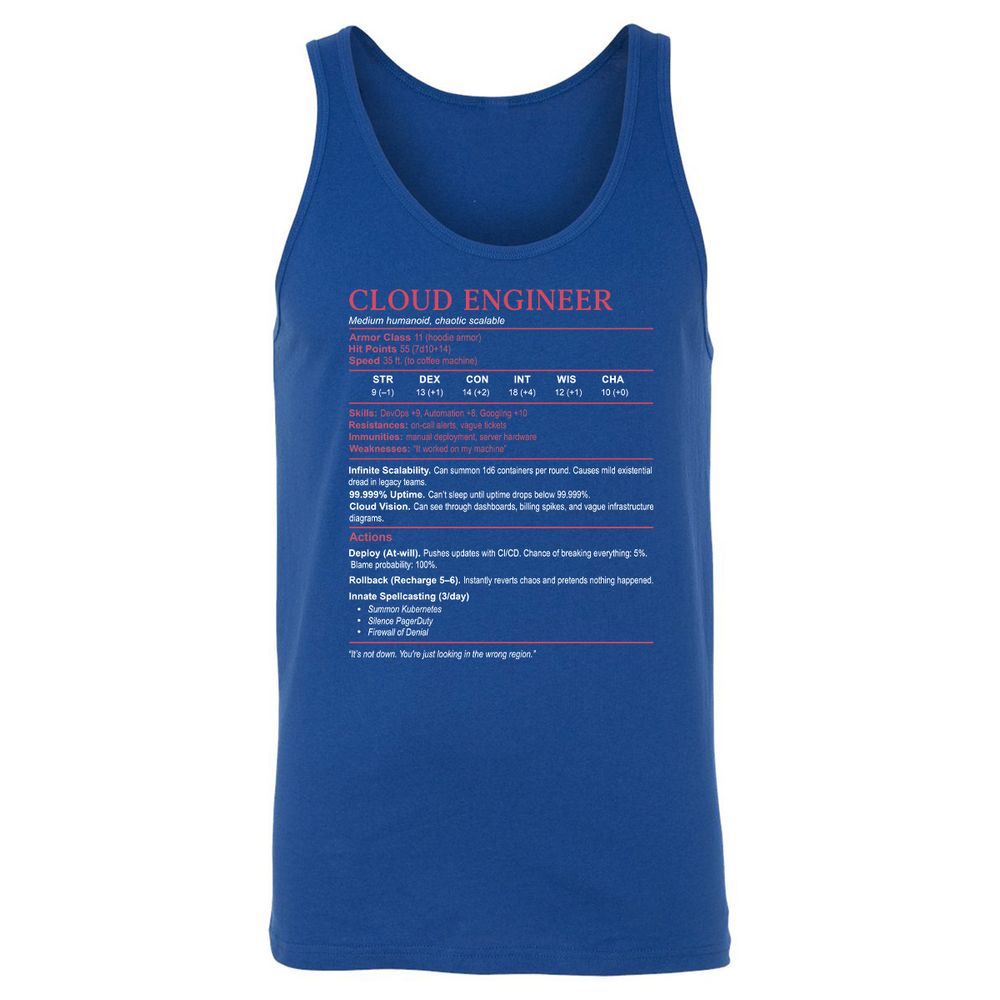Cloud Engineer Stats Unisex Jersey Tank - True Royal - 13