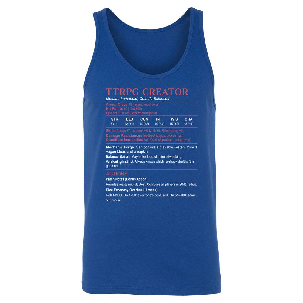 TTRPG Creator Stats Unisex Jersey Tank - True Royal - 13