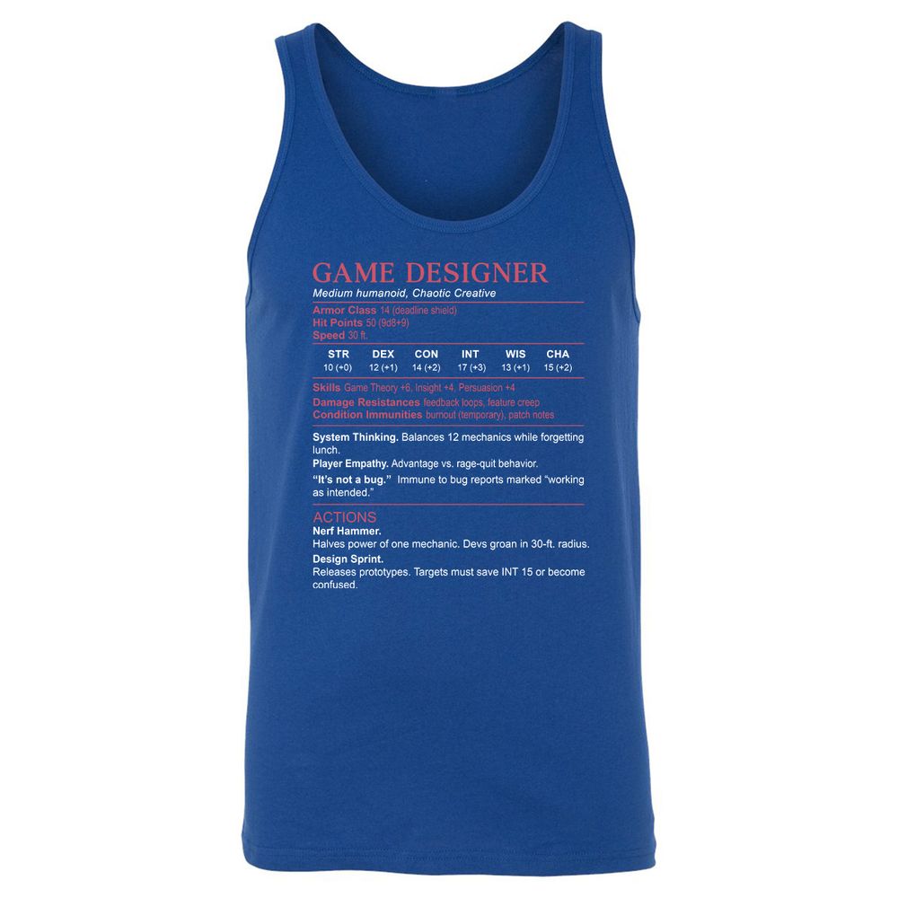 Game Designer Stats Unisex Jersey Tank - True Royal - 13