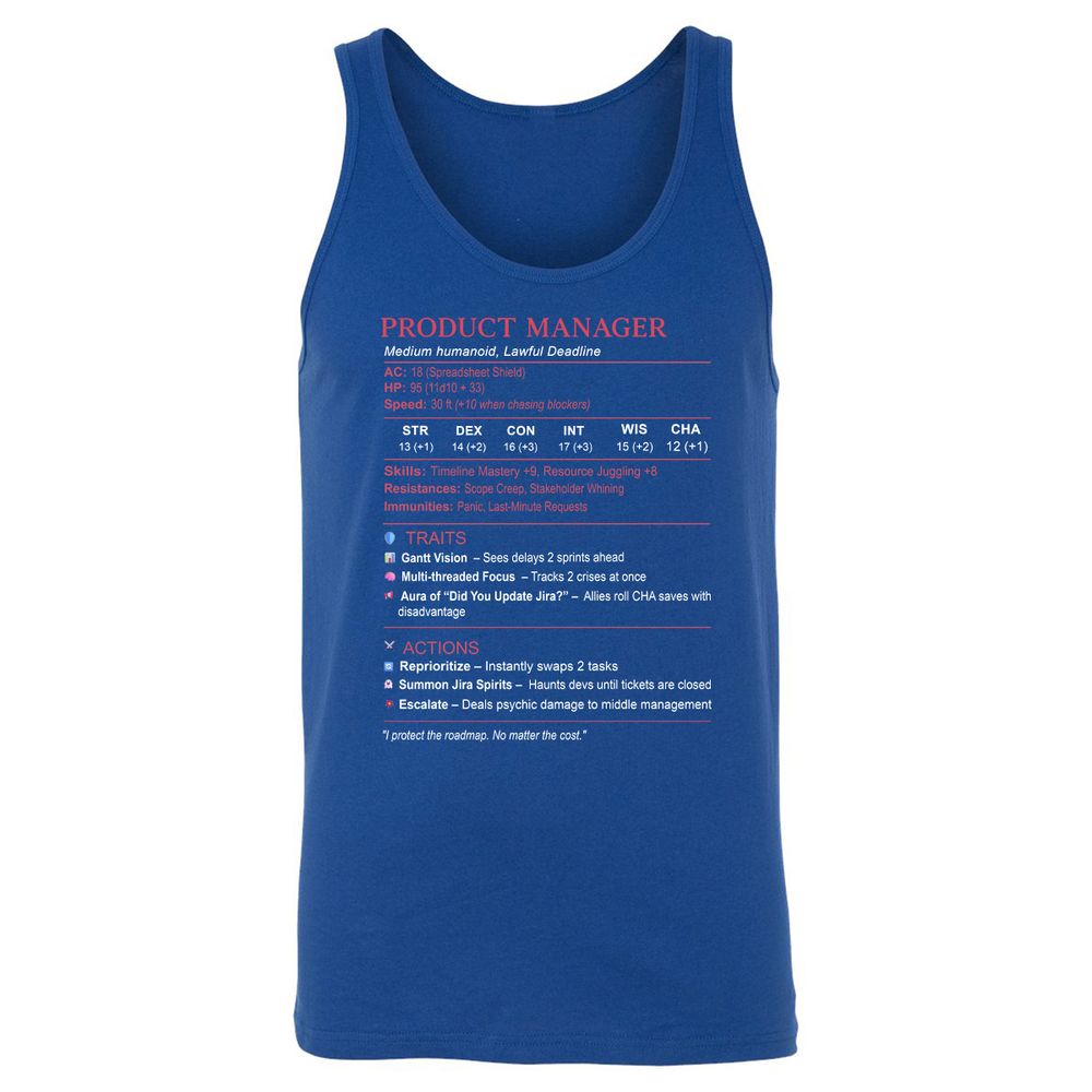 Product Manager Stats (PM) Unisex Jersey Tank - True Royal - 13
