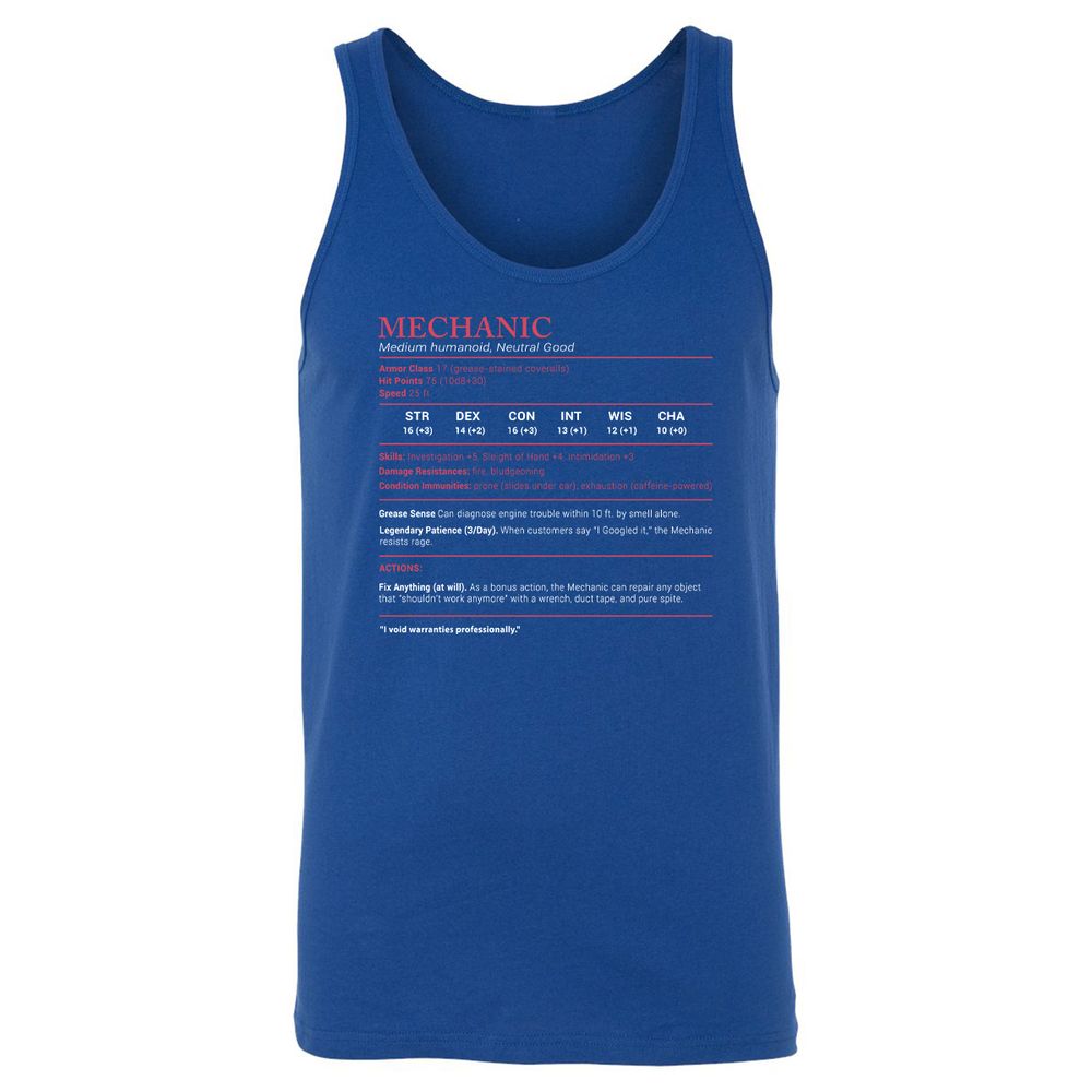 Mechanic Stats Unisex Jersey Tank - True Royal - 13