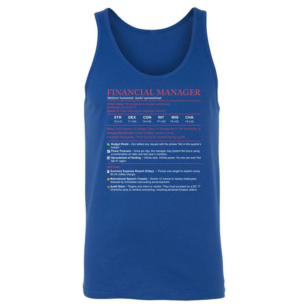 Financial Manager Stats Unisex Jersey Tank - True Royal - 13