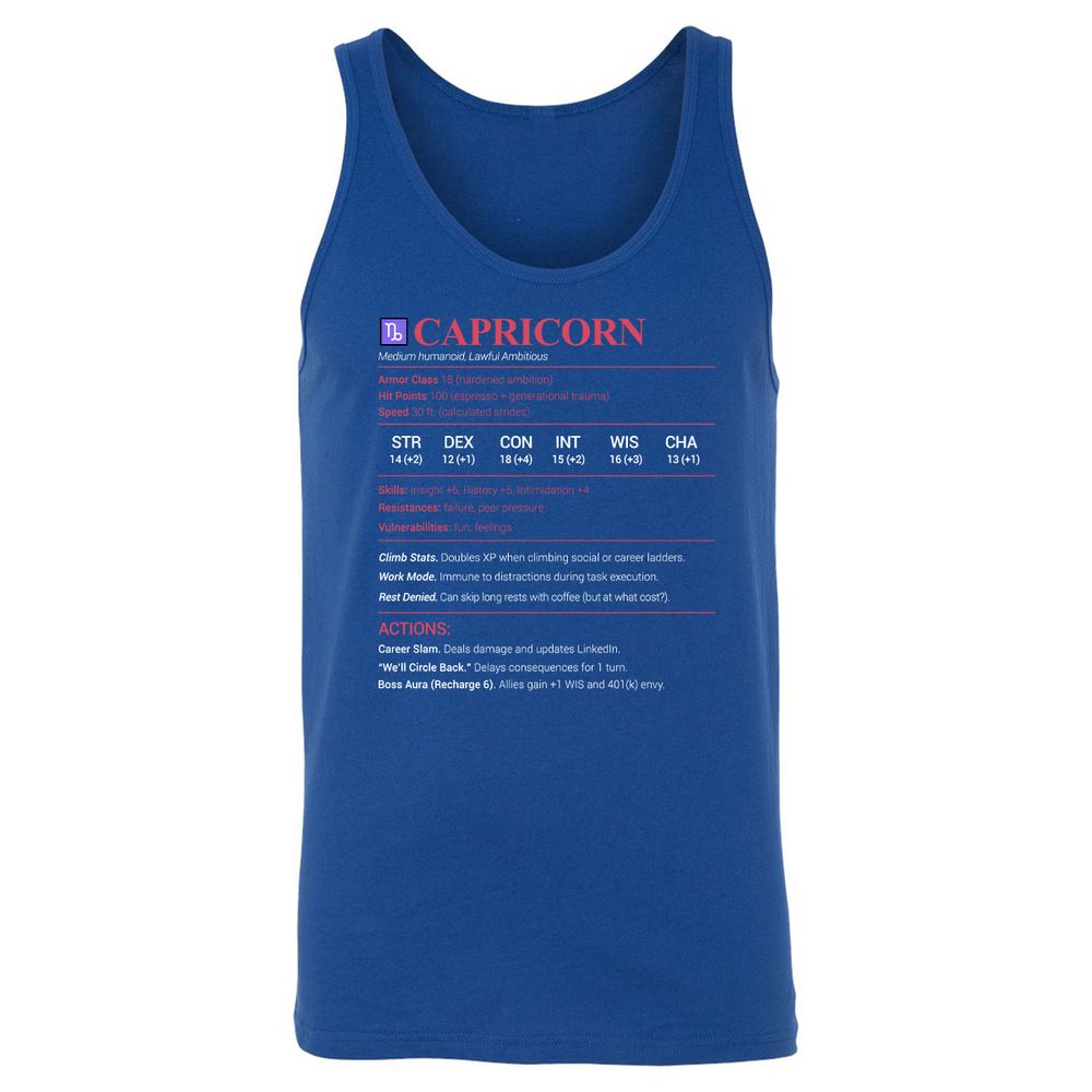 Capricorn Stats Unisex Jersey Tank - True Royal - 13