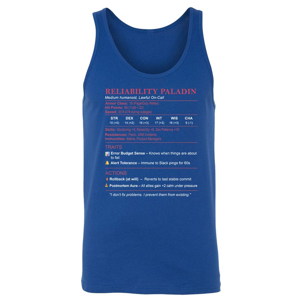 SRE Stats (Reliability Paladin) Unisex Jersey Tank - True Royal - 13