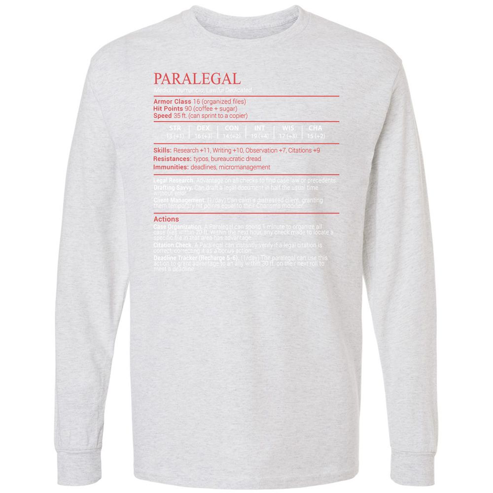 Paralegal Stats Block Long Sleeve T-Shirt - Ash - 14