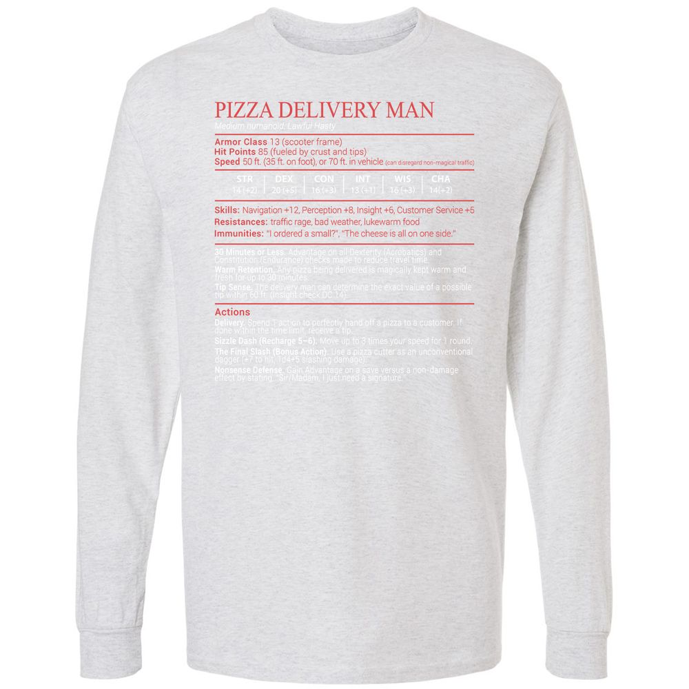 Pizza Delivery Man Stats Block Long Sleeve T-Shirt - Ash - 14