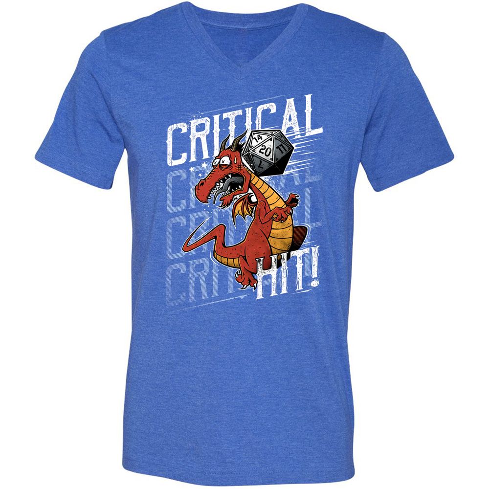 Funny Dragon Critical Hit Unisex V-Neck T-Shirt - Heather True Royal - 14