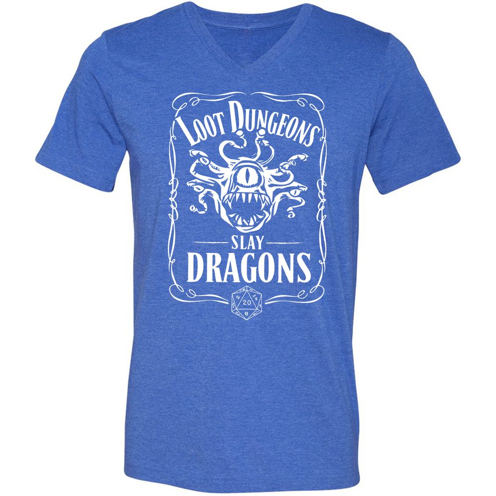 Loot Dungeon Slay Dragons Unisex V-Neck T-Shirt - Heather True Royal - 14