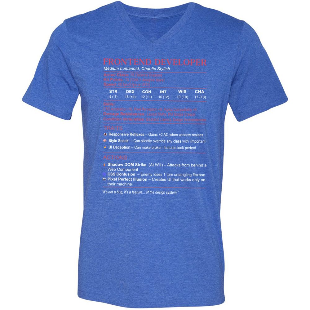 Frontend Developer Stats Unisex V-Neck T-Shirt - Heather True Royal - 14