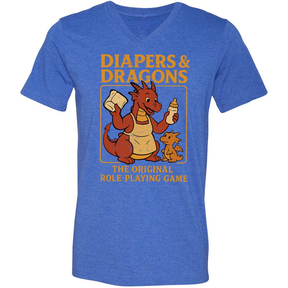 Diapers & Dragons Unisex V-Neck T-Shirt - Heather True Royal - 14