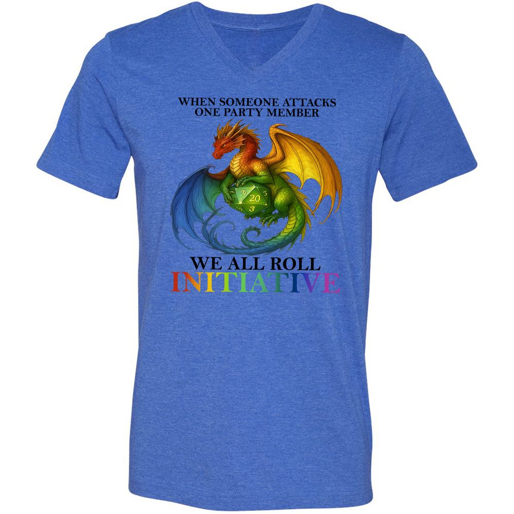 Dragon We All Roll For Initiative Unisex V-Neck T-Shirt - Heather True Royal - 14