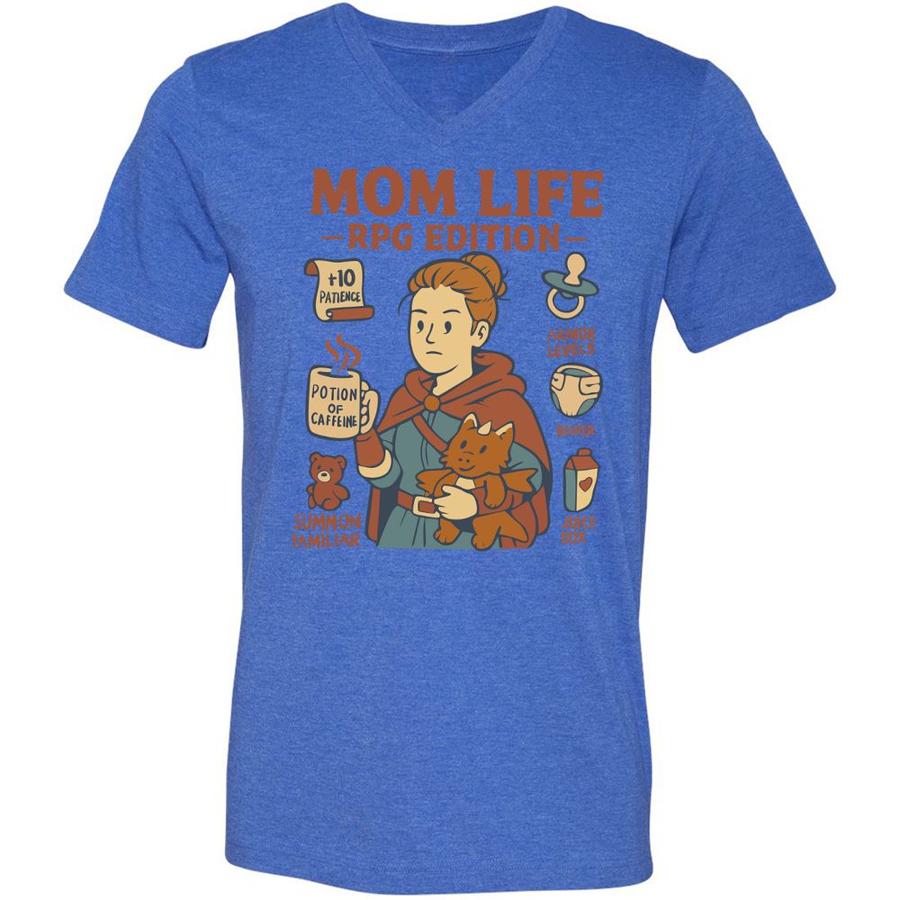 Mom Life RPG Edition Unisex V-Neck T-Shirt - Heather True Royal - 14
