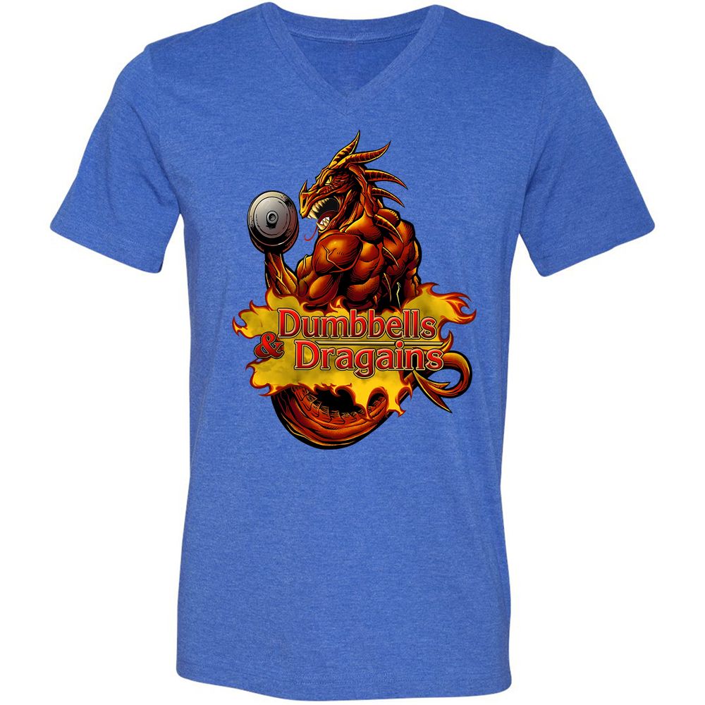 Dumbbells & Dragains Unisex V-Neck T-Shirt - Heather True Royal - 14