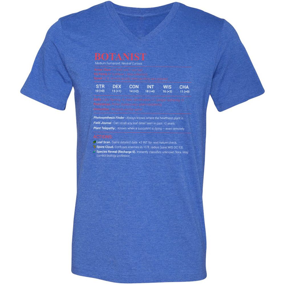 Botanist Stats Unisex V-Neck T-Shirt - Heather True Royal - 14