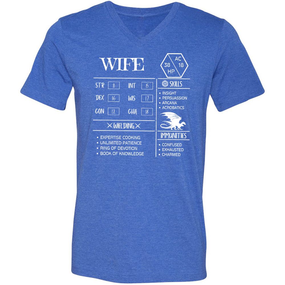 Wife Stats 2 Unisex V-Neck T-Shirt - Heather True Royal - 14