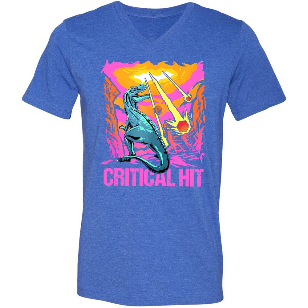 Dinosaur Critical Hit Unisex V-Neck T-Shirt - Heather True Royal - 14
