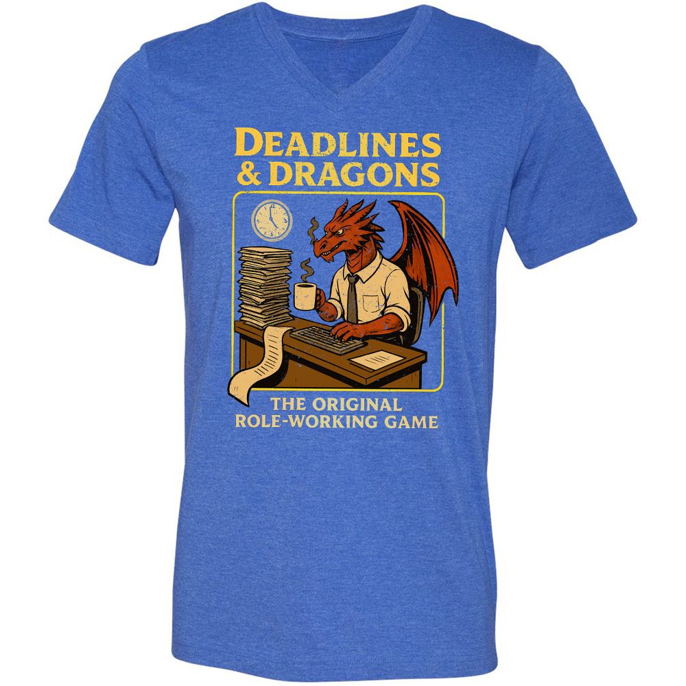 Deadlines & Dragons (Office Staff) Unisex V-Neck T-Shirt - Heather True Royal - 14