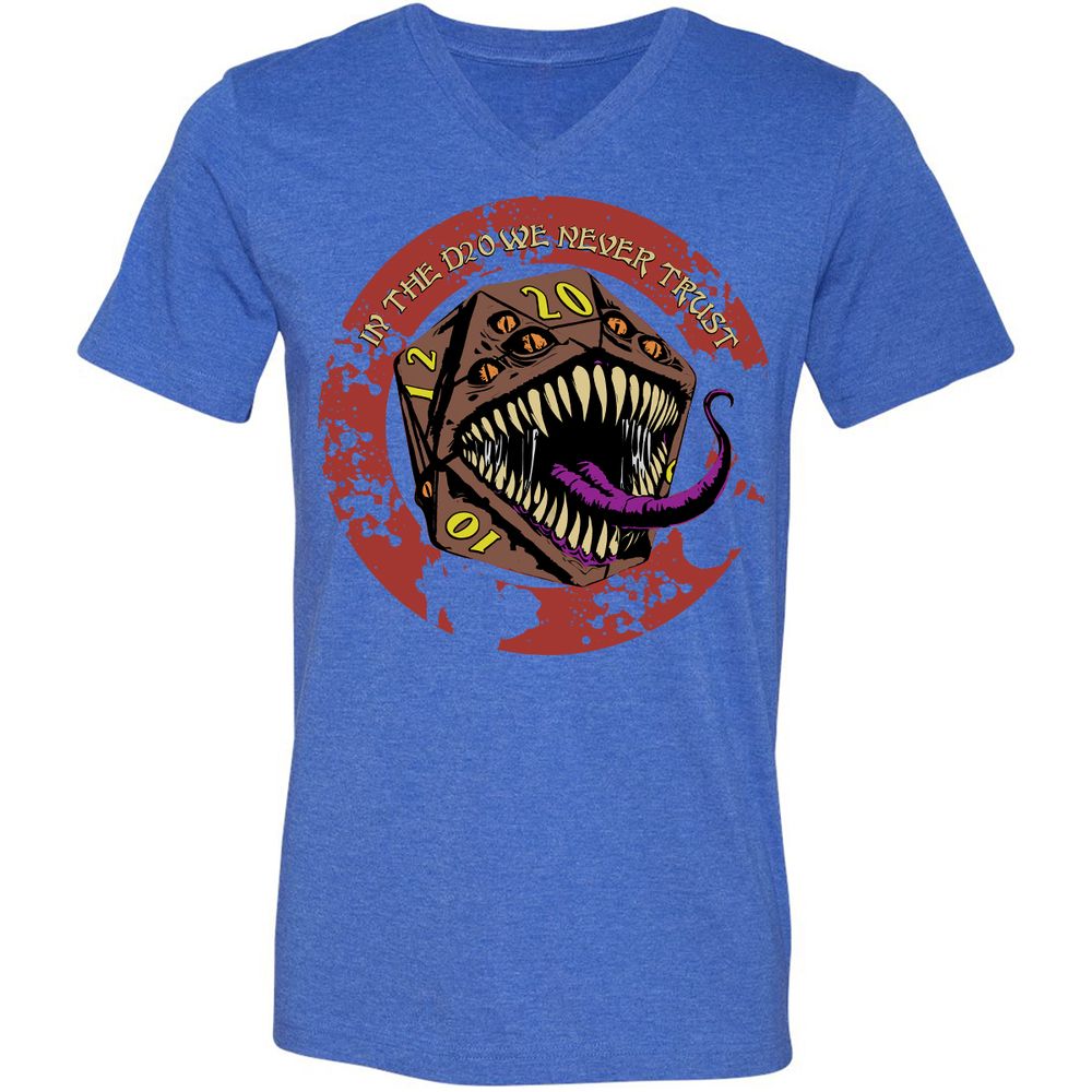 In The D20 We Never Trust Unisex V-Neck T-Shirt - Heather True Royal - 14