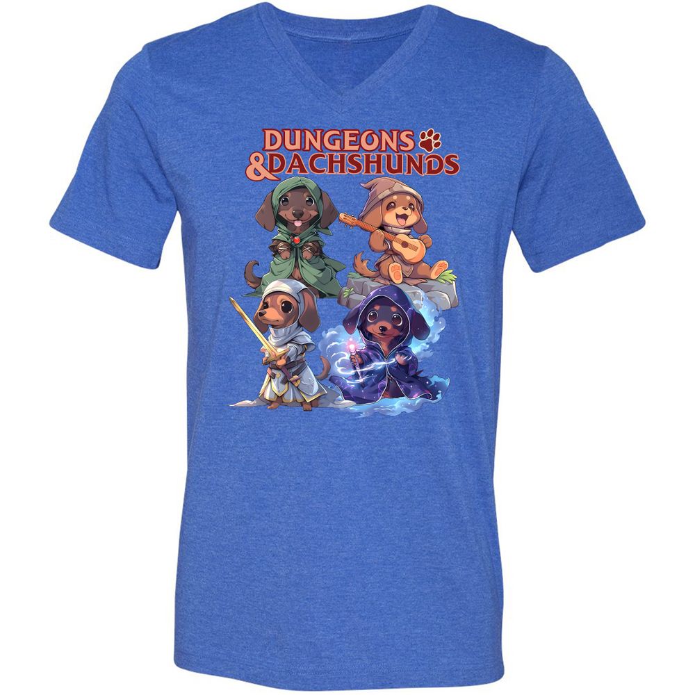 Dungeons & Dachshunds Unisex V-Neck T-Shirt - Heather True Royal - 14