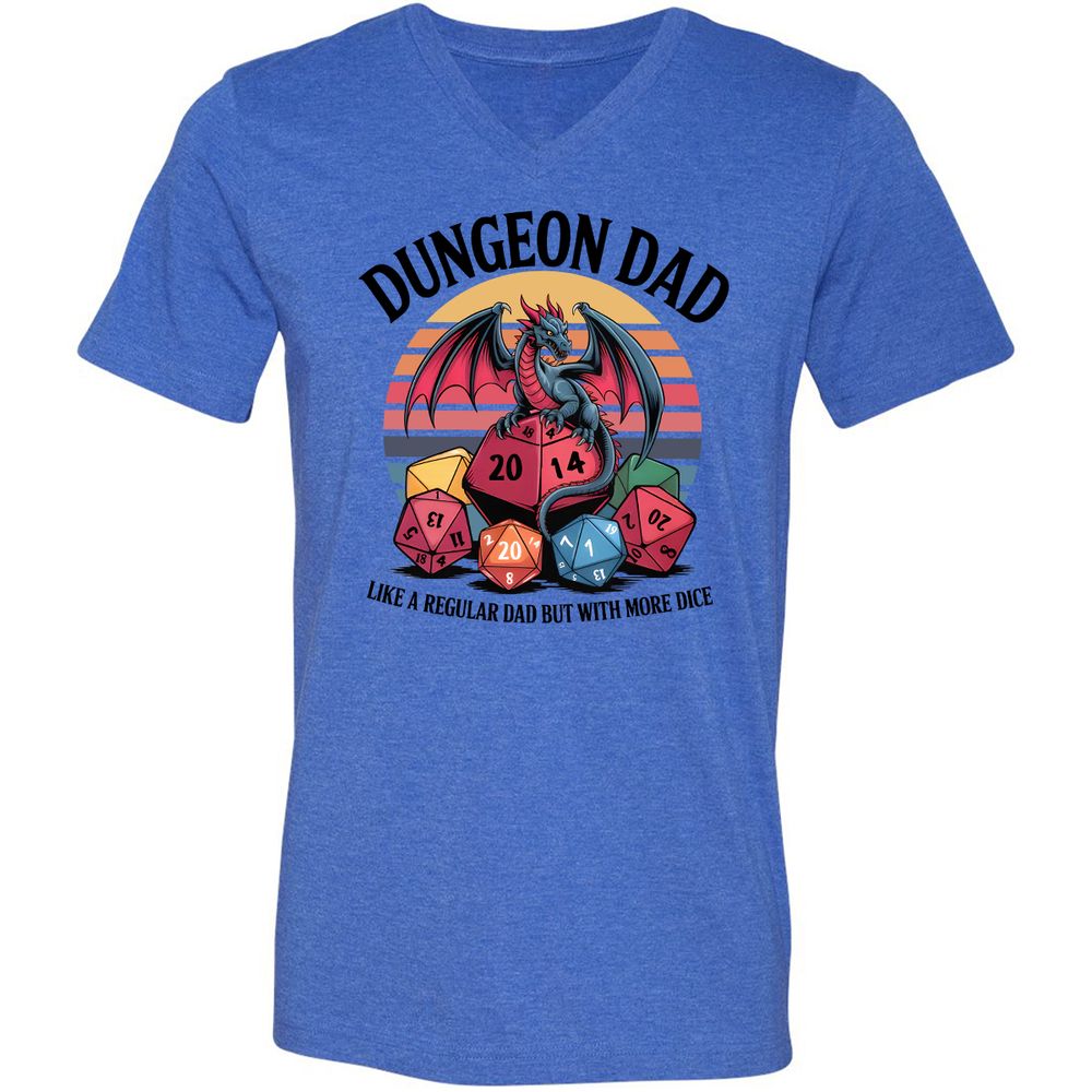 Dungeon Dad With More Dice Unisex V-Neck T-Shirt - Heather True Royal - 14