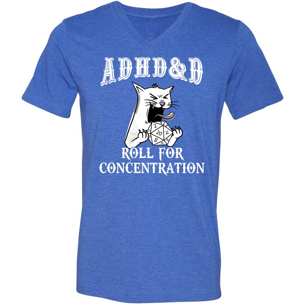 Cat ADHD&D Roll For Concentration Unisex V-Neck T-Shirt - Heather True Royal - 14