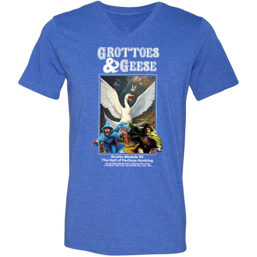 Grottoes & Geese Unisex V-Neck T-Shirt - Heather True Royal - 14