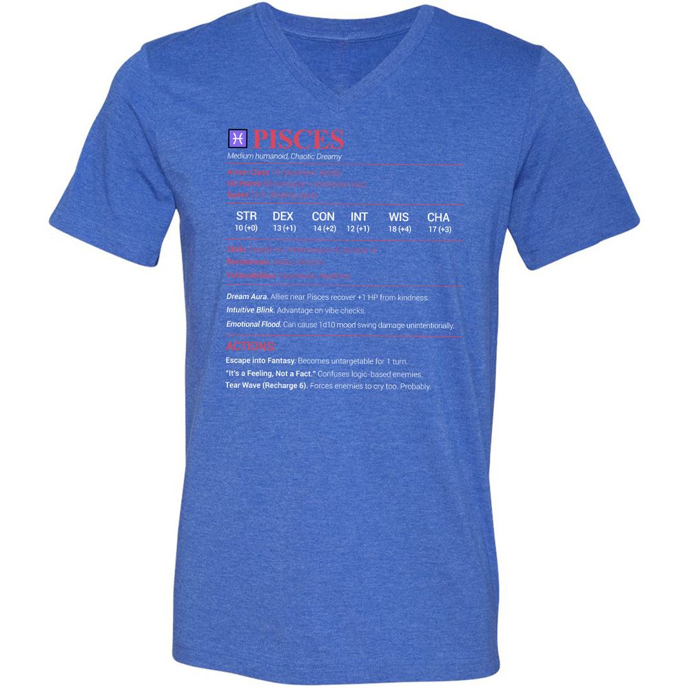 Pisces Stats Unisex V-Neck T-Shirt - Heather True Royal - 14
