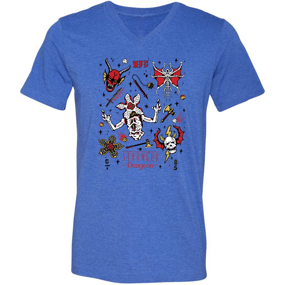 STRANGER DUNGEON Unisex V-Neck T-Shirt - Heather True Royal - 14