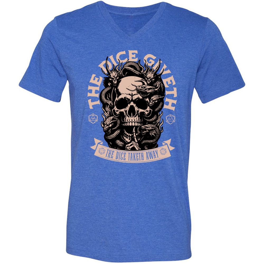 The Dice Giveth The Dice Taketh Away Unisex V-Neck T-Shirt - Heather True Royal - 14