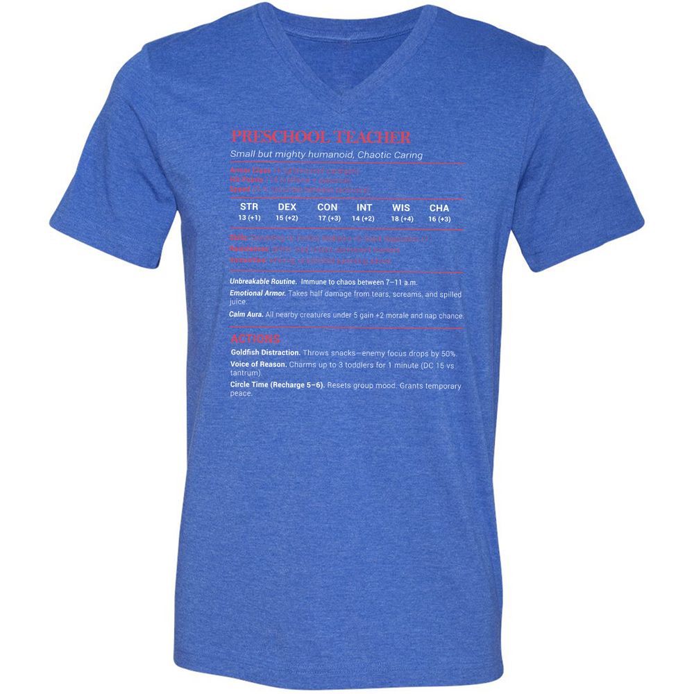 Preschool Teacher Stats Unisex V-Neck T-Shirt - Heather True Royal - 14
