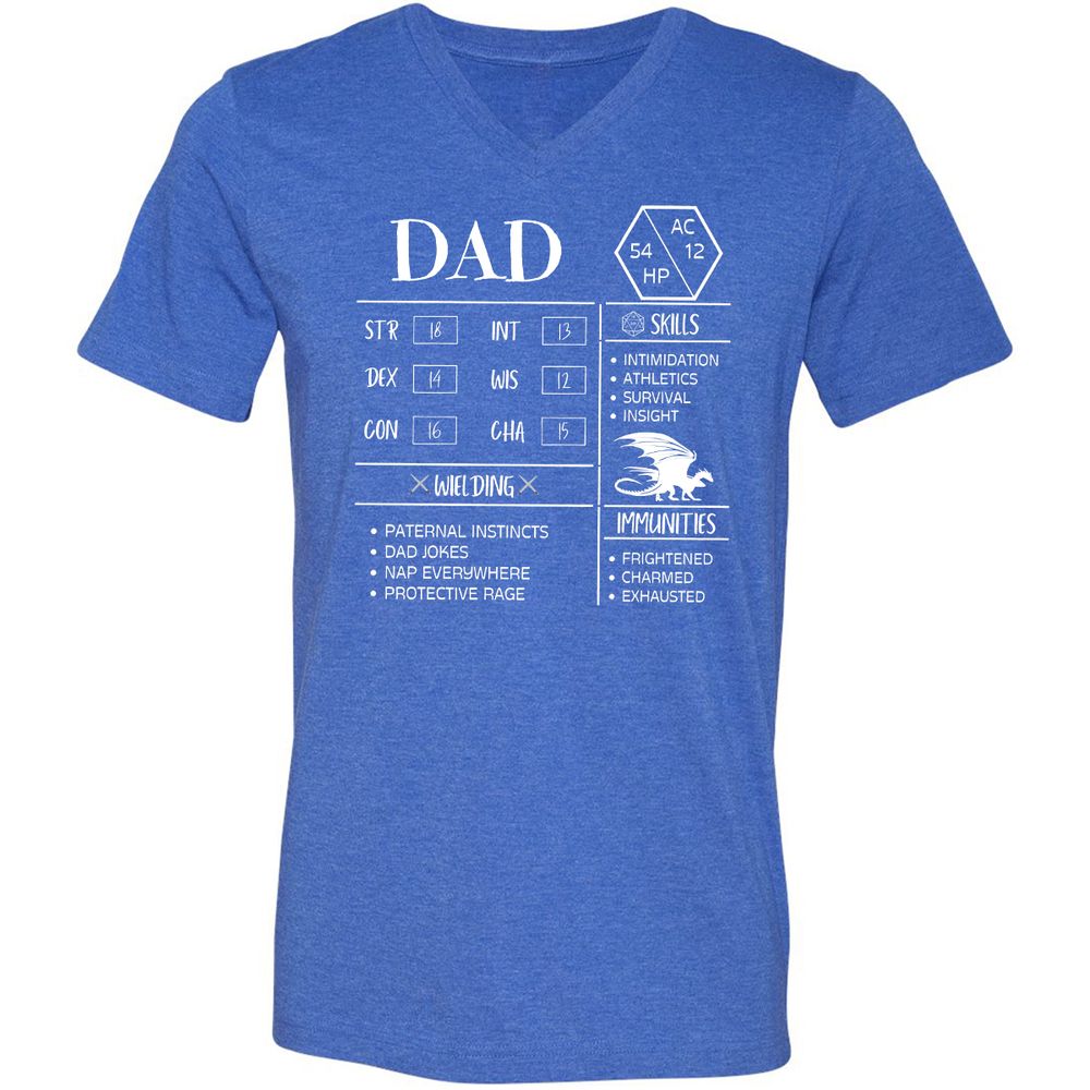 Dad Stats 2 Unisex V-Neck T-Shirt - Heather True Royal - 14