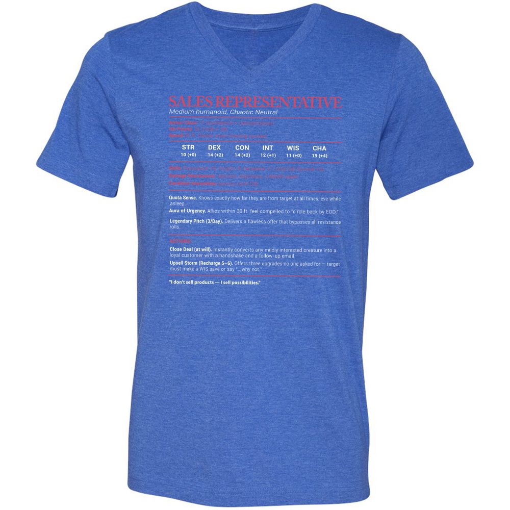 Sales Presentative Stats Unisex V-Neck T-Shirt - Heather True Royal - 14