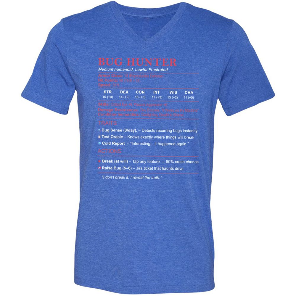 Tester Stats (Bug Hunter) Unisex V-Neck T-Shirt - Heather True Royal - 14