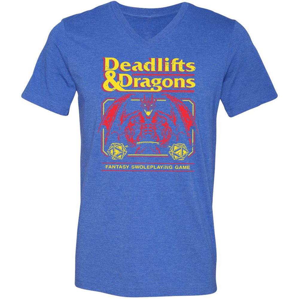Deadlifts And Dragons Unisex V-Neck T-Shirt - Heather True Royal - 14