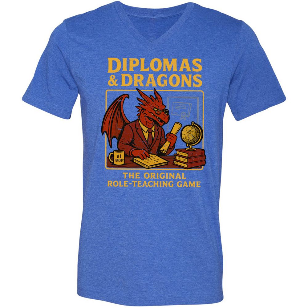 Diplomas & Dragons Unisex V-Neck T-Shirt - Heather True Royal - 14