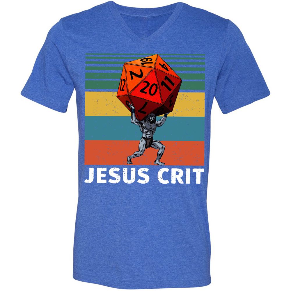 Jesus Crit Unisex V-Neck T-Shirt - Heather True Royal - 14