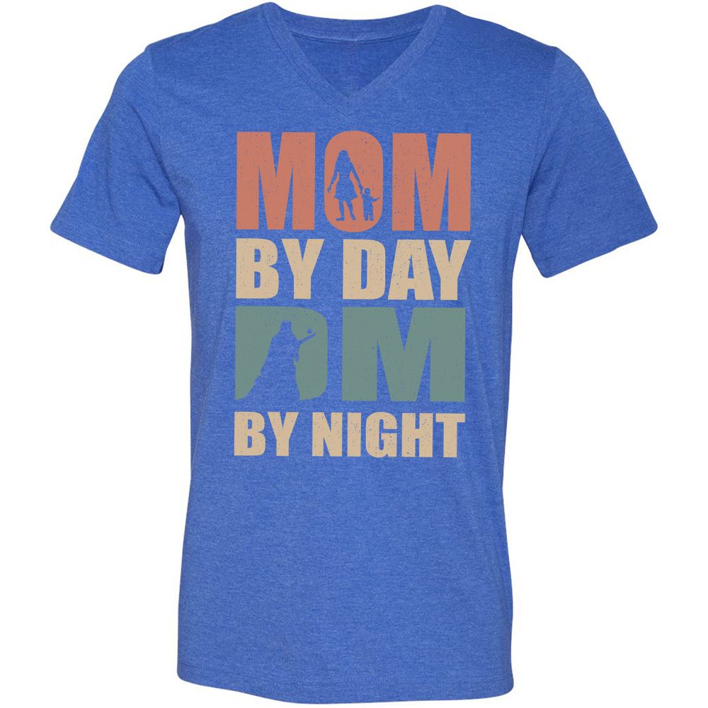 Mom By Day DM By Night Unisex V-Neck T-Shirt - Heather True Royal - 14