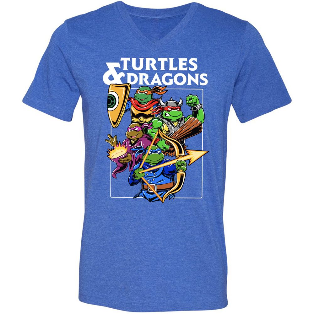 Turtles & Dragons Unisex V-Neck T-Shirt - Heather True Royal - 14