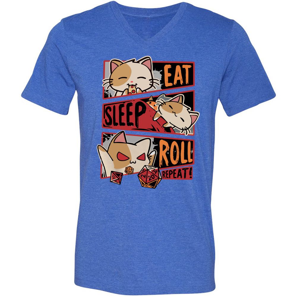 Eat Sleep Roll Repeat Unisex V-Neck T-Shirt - Heather True Royal - 14