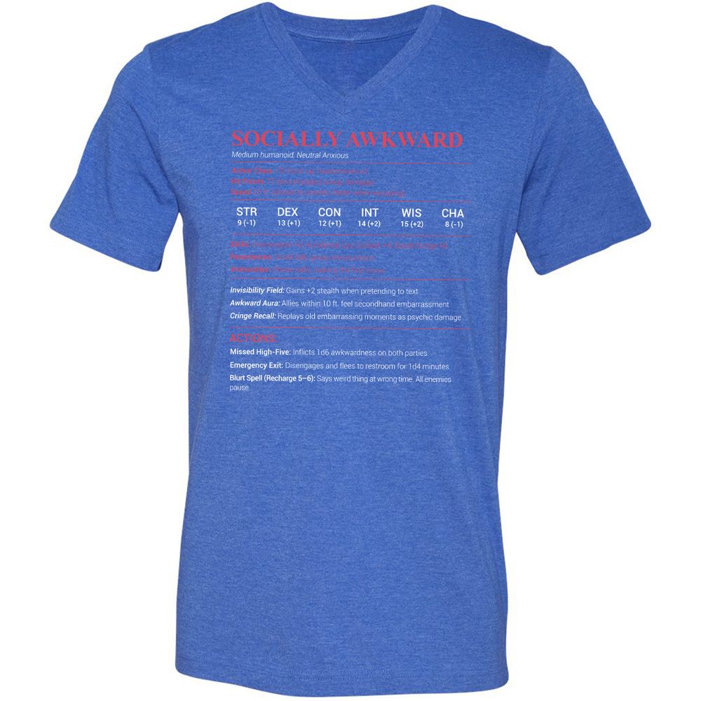 Socially Awkward Stats Unisex V-Neck T-Shirt - Heather True Royal - 14