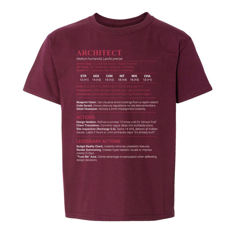 Architect Stats Kids T-Shirt - Maroon - 14