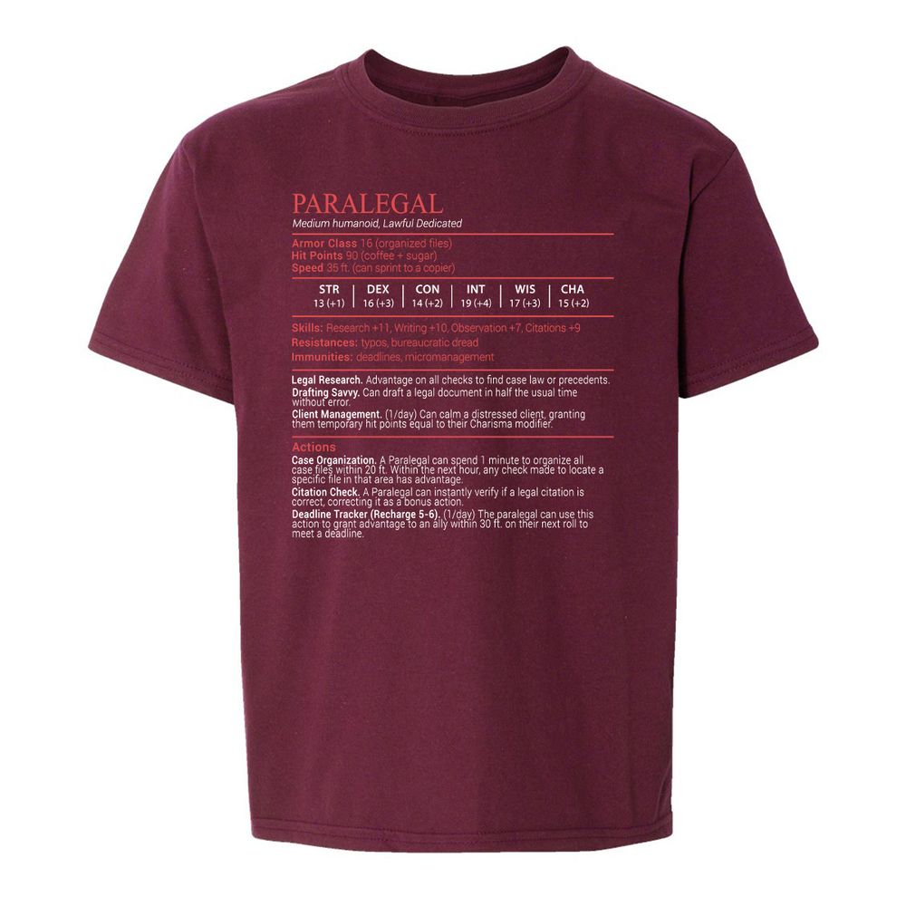 Paralegal Stats Block Kids T-Shirt - Maroon - 14