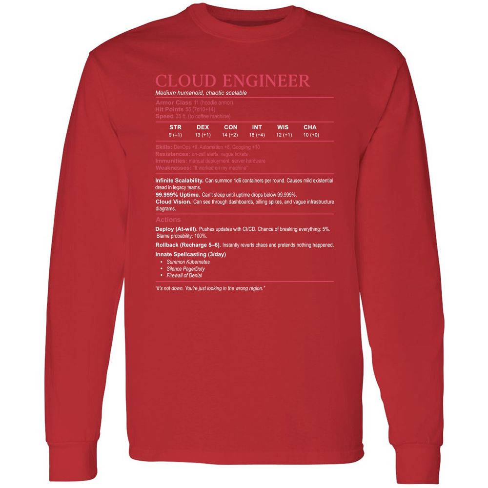 Cloud Engineer Stats Long Sleeve T-Shirt - Red - 14