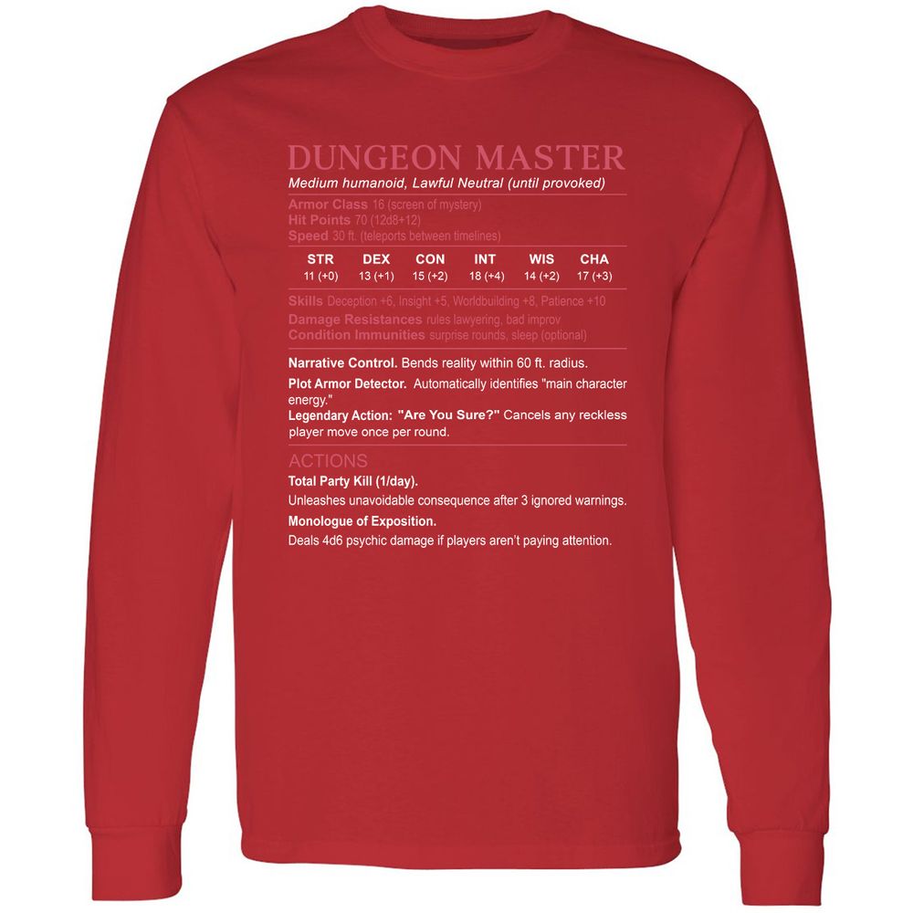 Dungeon Master Stats Long Sleeve T-Shirt - Red - 14